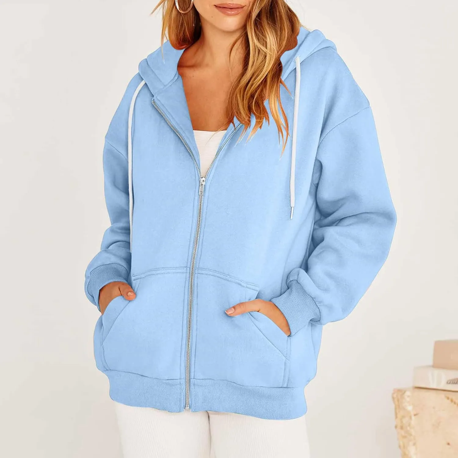 nerohusy Women's Cute Hoodies Girl Fall 2023 Jacket Oversized Sweatshirts Casual Drawstring Zip Up Y2K Hoodie with Pocket