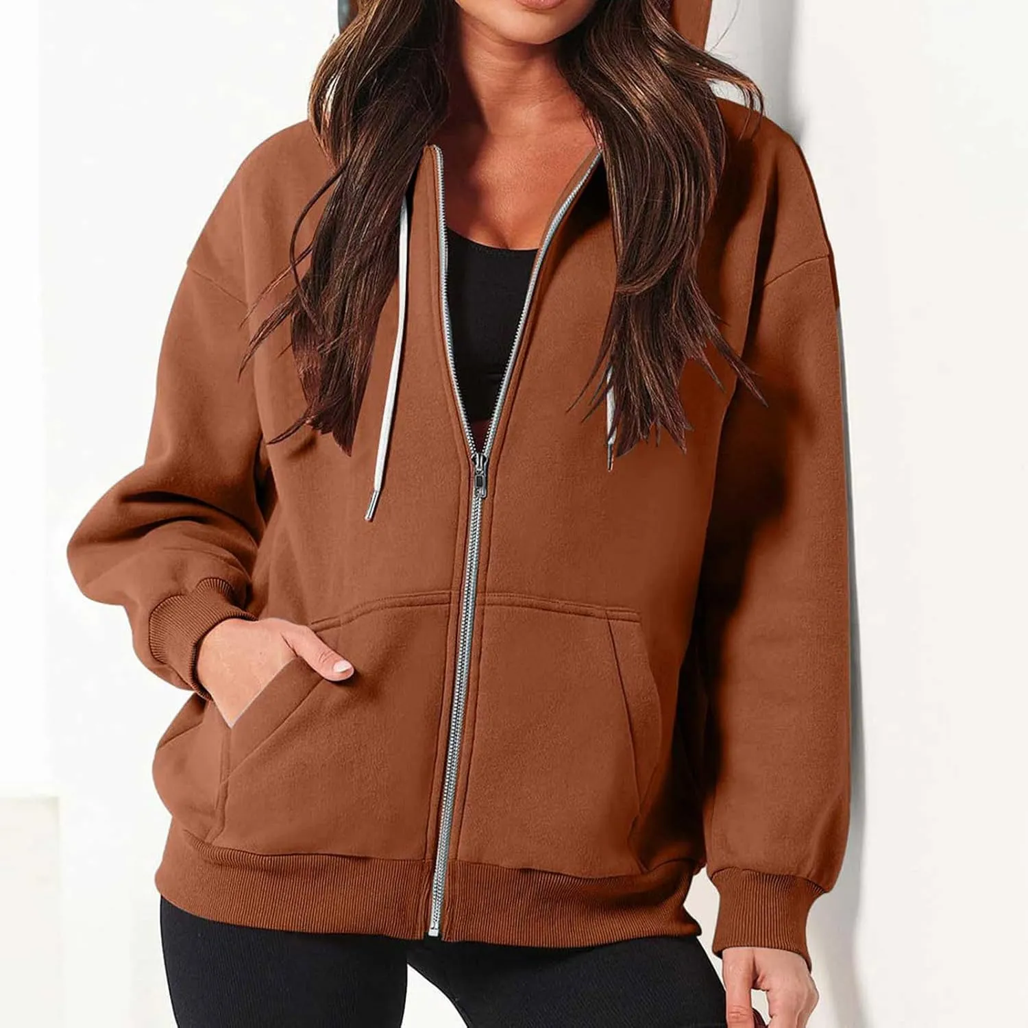 nerohusy Women's Cute Hoodies Girl Fall 2023 Jacket Oversized Sweatshirts Casual Drawstring Zip Up Y2K Hoodie with Pocket