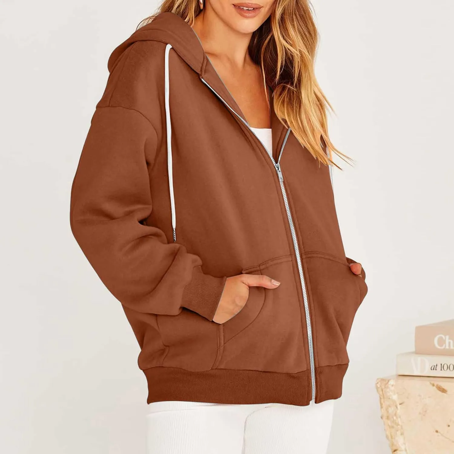 nerohusy Women's Cute Hoodies Girl Fall 2023 Jacket Oversized Sweatshirts Casual Drawstring Zip Up Y2K Hoodie with Pocket