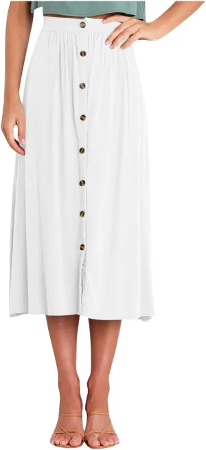 Office Work Long Skirt for Women Casual High Waist Pleated Button Midi Skirt Fashion A-Line Business Maxi Skirts