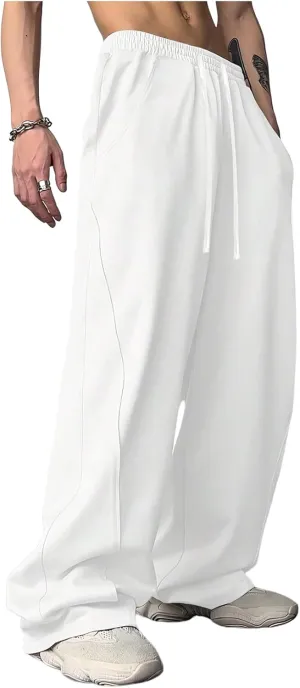 OYOANGLE Men's Drawstring Elastic Waist Baggy Sweatpants Y2K Loose Wide Leg Long Pants with Pocket