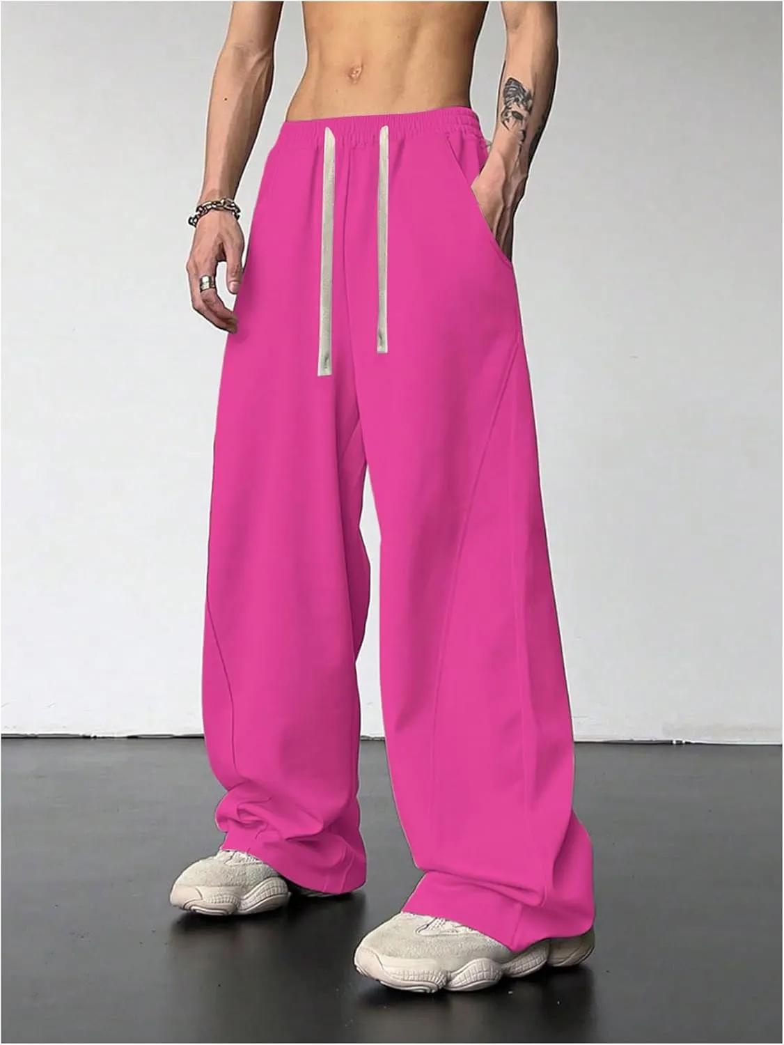 OYOANGLE Men's Drawstring Elastic Waist Baggy Sweatpants Y2K Loose Wide Leg Long Pants with Pocket