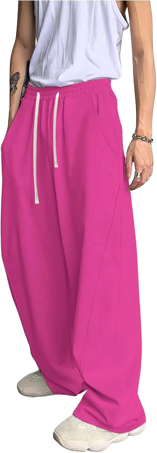 OYOANGLE Men's Drawstring Elastic Waist Baggy Sweatpants Y2K Loose Wide Leg Long Pants with Pocket