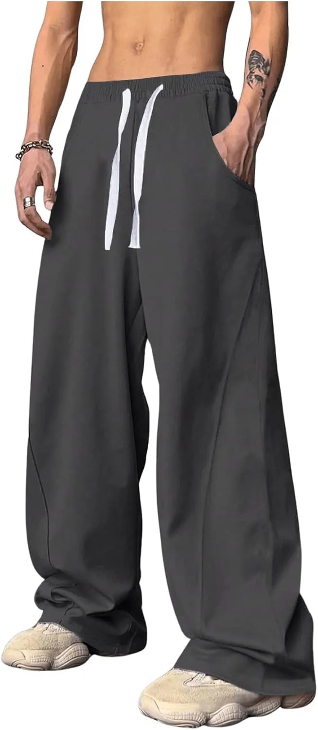 OYOANGLE Men's Drawstring Elastic Waist Baggy Sweatpants Y2K Loose Wide Leg Long Pants with Pocket