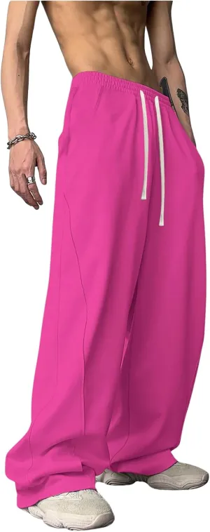 OYOANGLE Men's Drawstring Elastic Waist Baggy Sweatpants Y2K Loose Wide Leg Long Pants with Pocket