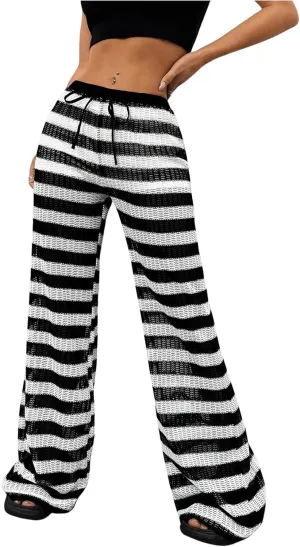 OYOANGLE Women's Striped Print Drawstring Waist Knitted Straight Leg Pants Color Block Lounge Trousers
