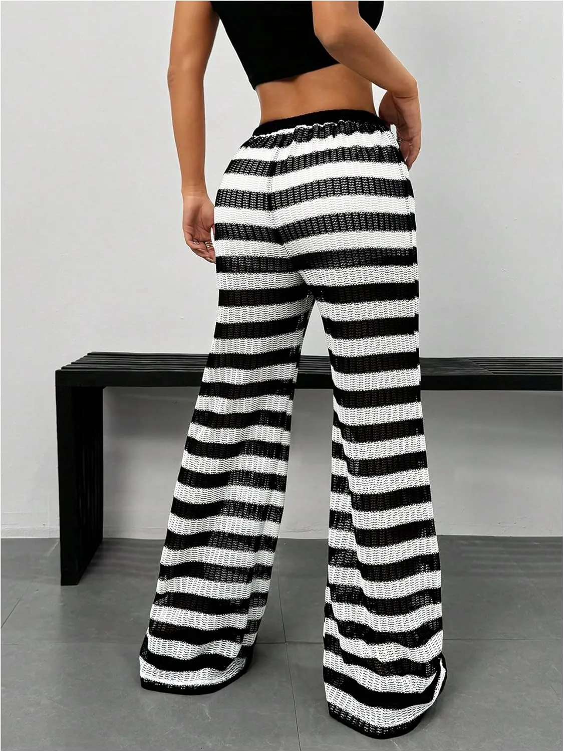 OYOANGLE Women's Striped Print Drawstring Waist Knitted Straight Leg Pants Color Block Lounge Trousers