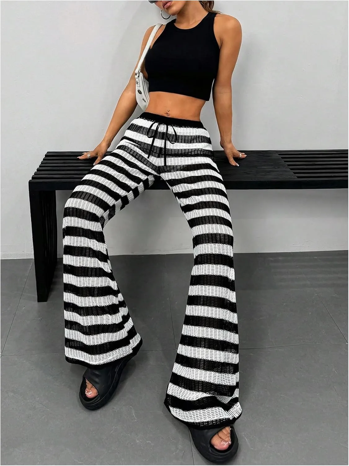 OYOANGLE Women's Striped Print Drawstring Waist Knitted Straight Leg Pants Color Block Lounge Trousers