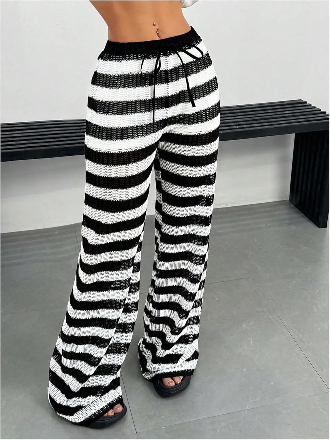 OYOANGLE Women's Striped Print Drawstring Waist Knitted Straight Leg Pants Color Block Lounge Trousers