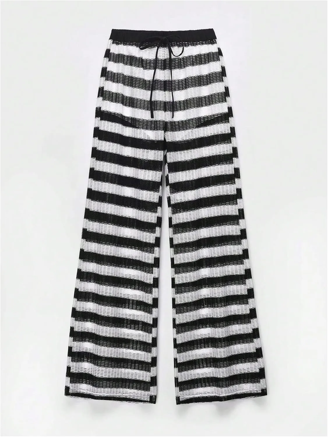 OYOANGLE Women's Striped Print Drawstring Waist Knitted Straight Leg Pants Color Block Lounge Trousers