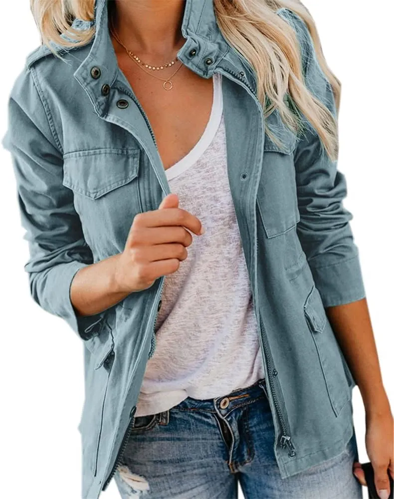 Pepochic Womens Military Jacket Zip Up Snap Buttons Lightweight Utility Anorak Field Safari Coat Outwear