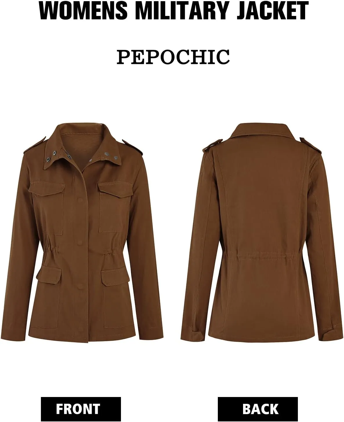 Pepochic Womens Military Jacket Zip Up Snap Buttons Lightweight Utility Anorak Field Safari Coat Outwear
