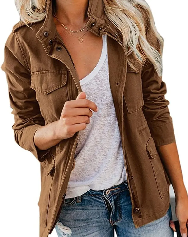 Pepochic Womens Military Jacket Zip Up Snap Buttons Lightweight Utility Anorak Field Safari Coat Outwear