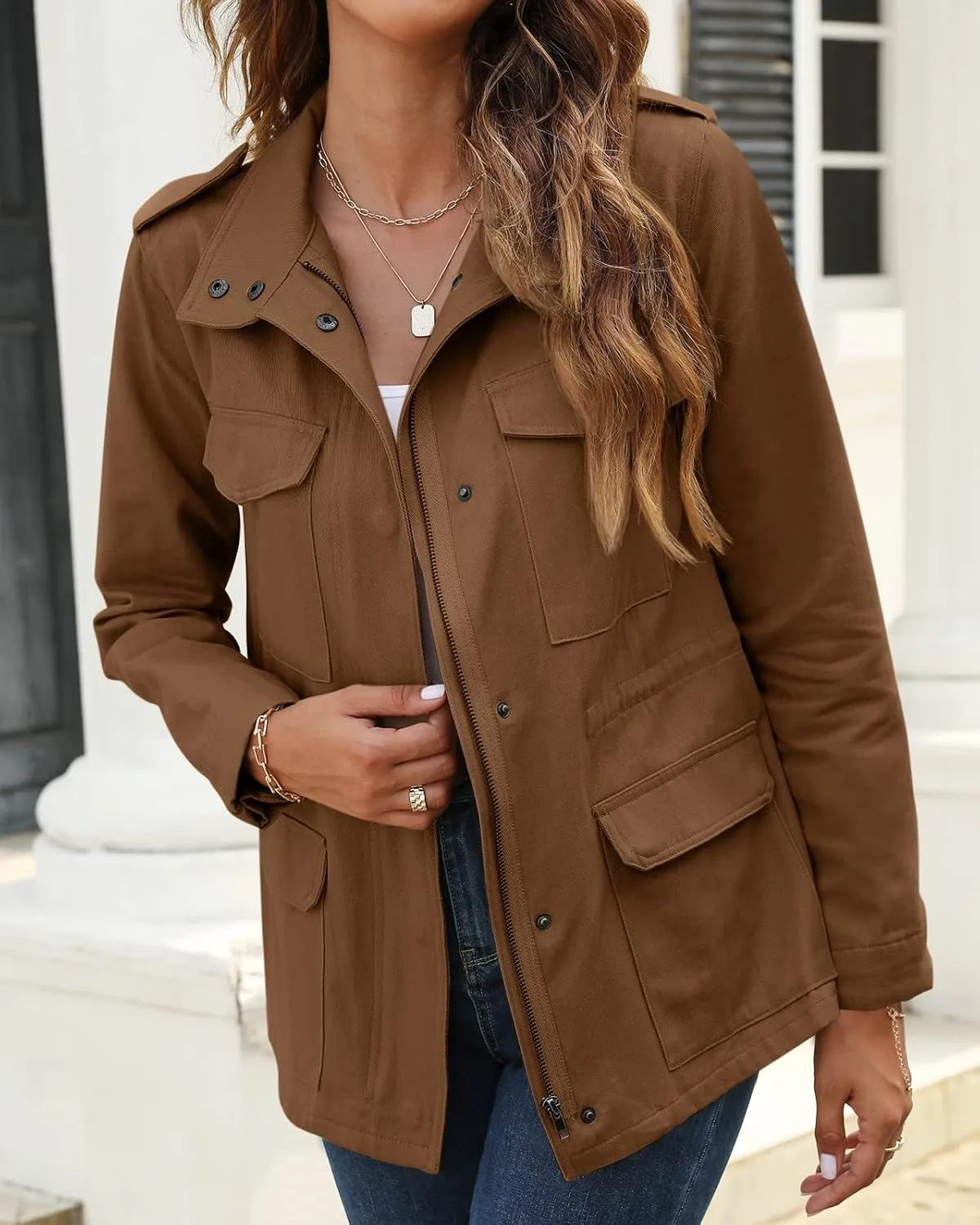 Pepochic Womens Military Jacket Zip Up Snap Buttons Lightweight Utility Anorak Field Safari Coat Outwear