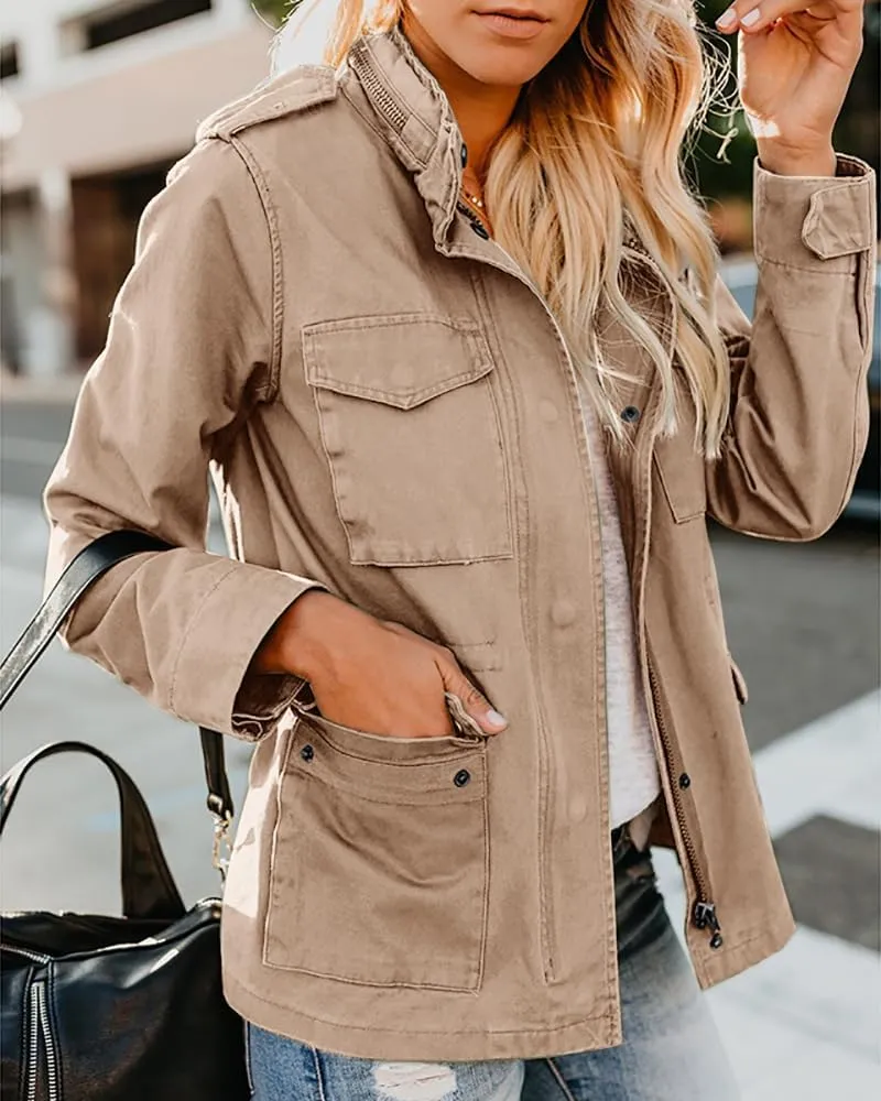 Pepochic Womens Military Jacket Zip Up Snap Buttons Lightweight Utility Anorak Field Safari Coat Outwear