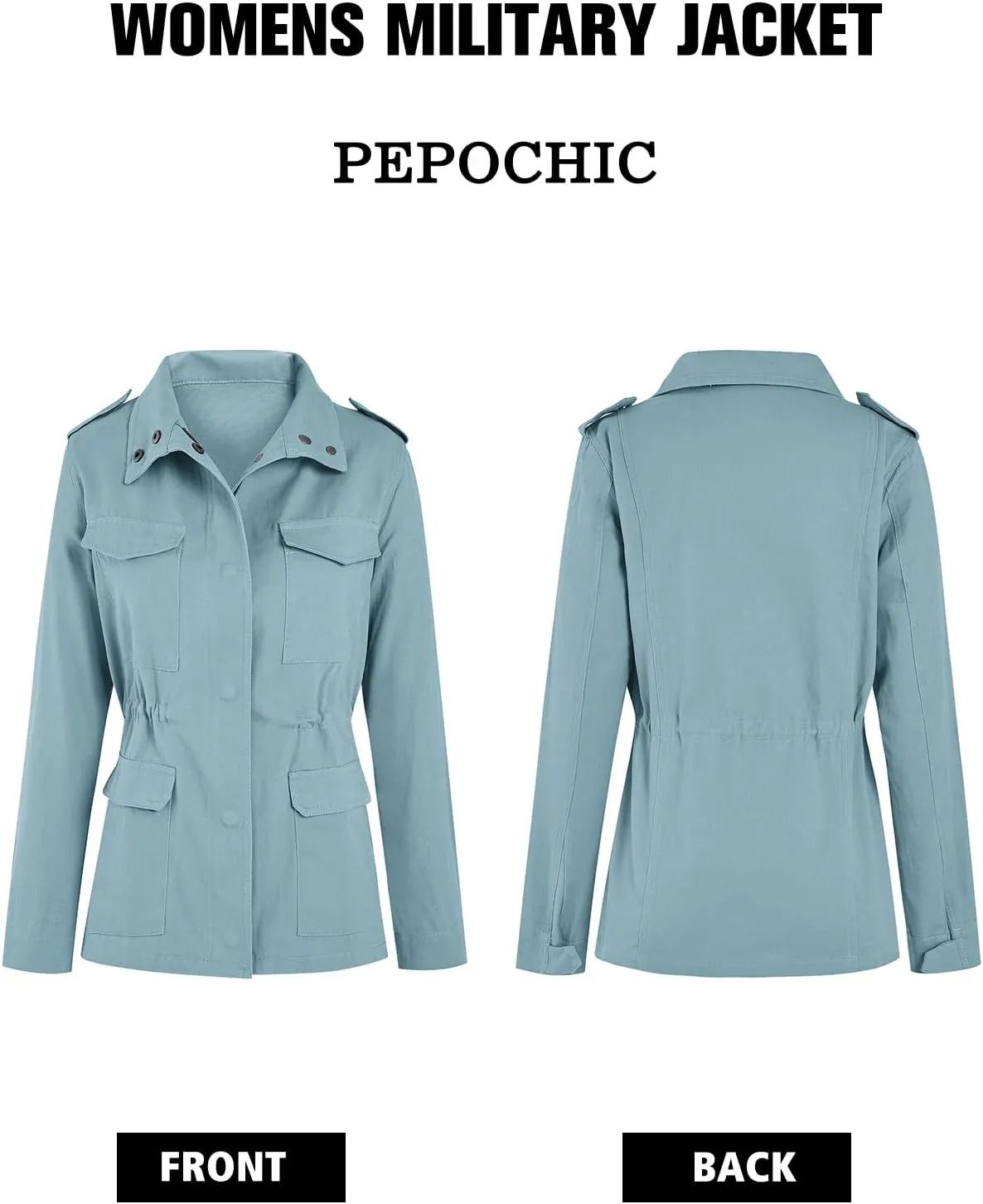 Pepochic Womens Military Jacket Zip Up Snap Buttons Lightweight Utility Anorak Field Safari Coat Outwear