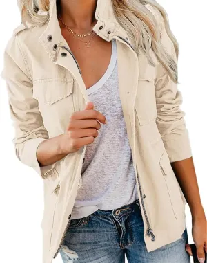 Pepochic Womens Military Jacket Zip Up Snap Buttons Lightweight Utility Anorak Field Safari Coat Outwear