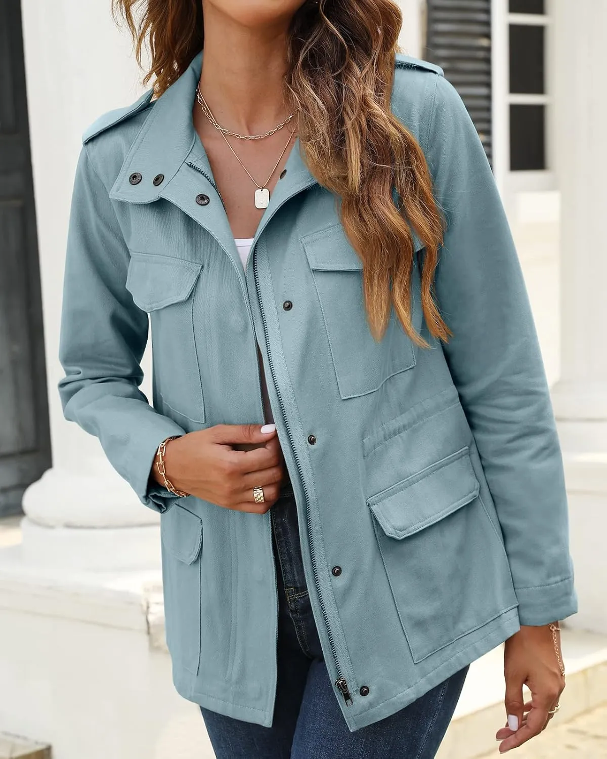Pepochic Womens Military Jacket Zip Up Snap Buttons Lightweight Utility Anorak Field Safari Coat Outwear
