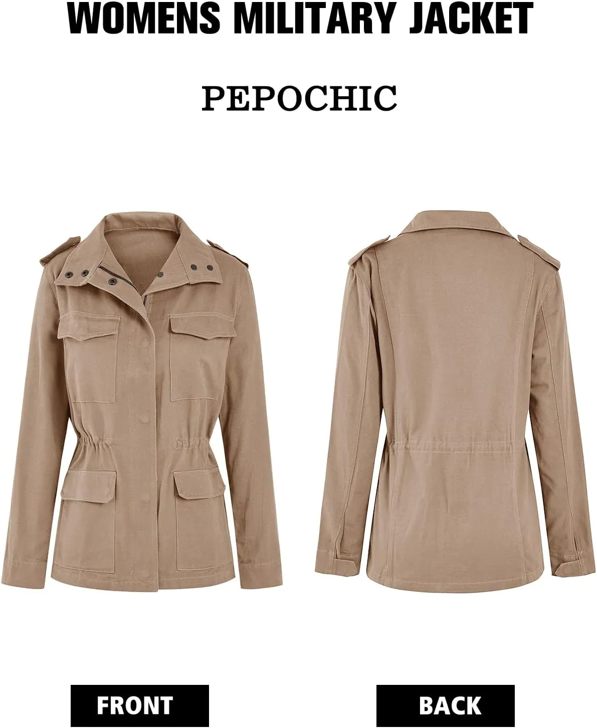 Pepochic Womens Military Jacket Zip Up Snap Buttons Lightweight Utility Anorak Field Safari Coat Outwear
