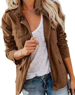 Pepochic Womens Military Jacket Zip Up Snap Buttons Lightweight Utility Anorak Field Safari Coat Outwear