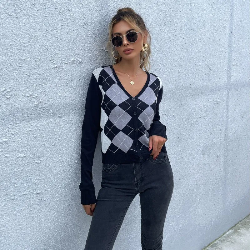 Plaid V-Neck Cardigan Knitted Jacket Women Wholesale