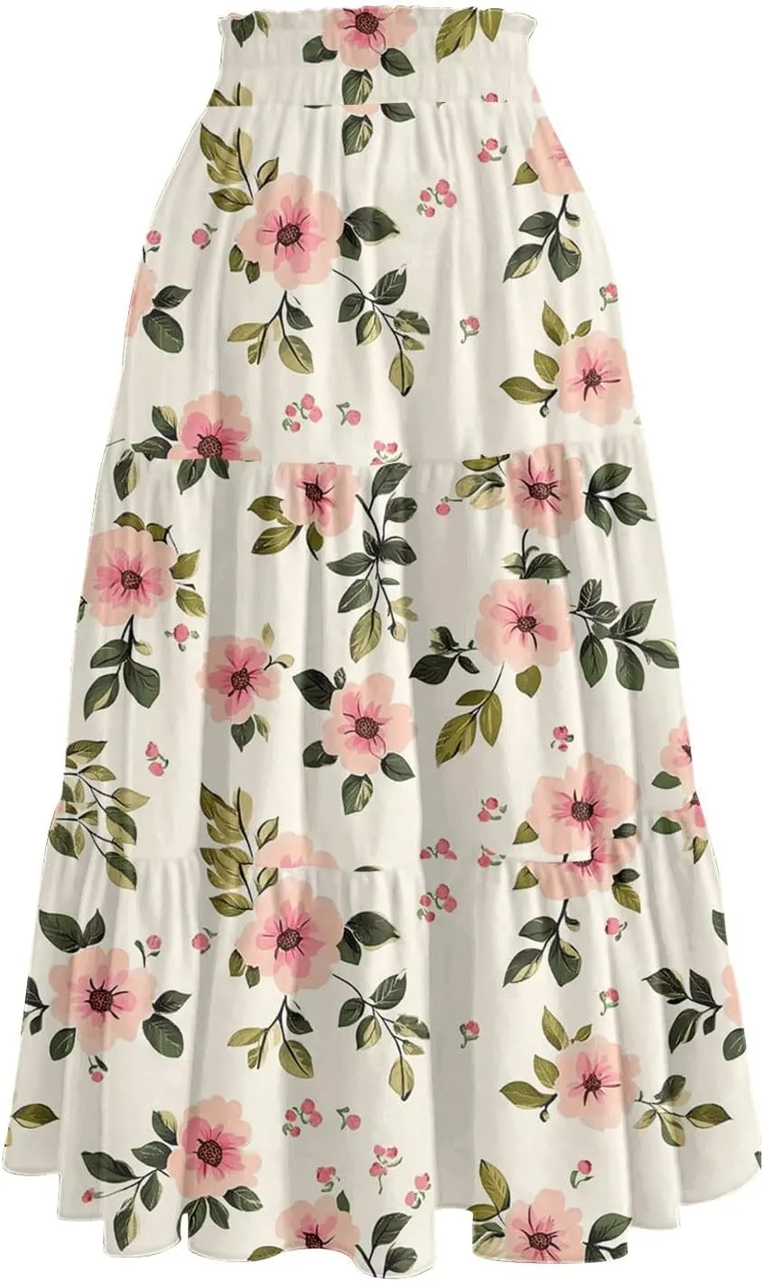Pleated Casual A Line Midi Skirt Boho Floral Printed Length Skirts for Women Trendy Summer Elastic Waist Skirt