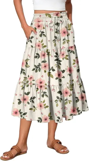 Pleated Casual A Line Midi Skirt Boho Floral Printed Length Skirts for Women Trendy Summer Elastic Waist Skirt