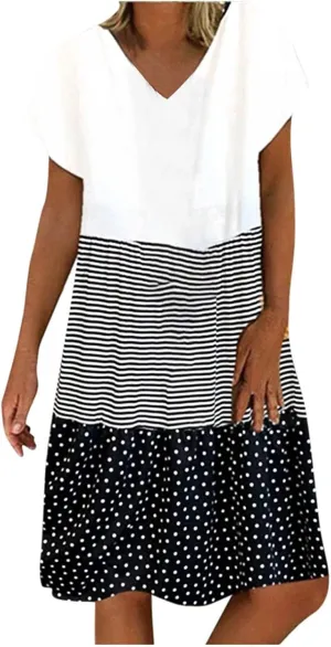 Plus Size Summer Dresses for Women 2024 Tiered Color Block Stripe Shift Dress Swing Casual Flowy Midi Sundresses