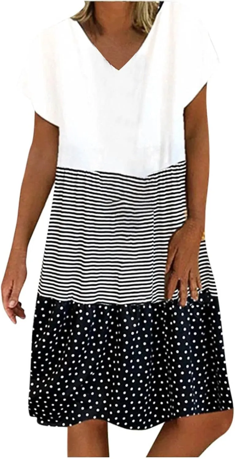 Plus Size Summer Dresses for Women 2024 Tiered Color Block Stripe Shift Dress Swing Casual Flowy Midi Sundresses