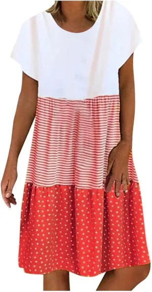 Plus Size Summer Dresses for Women 2024 Tiered Color Block Stripe Shift Dress Swing Casual Flowy Midi Sundresses
