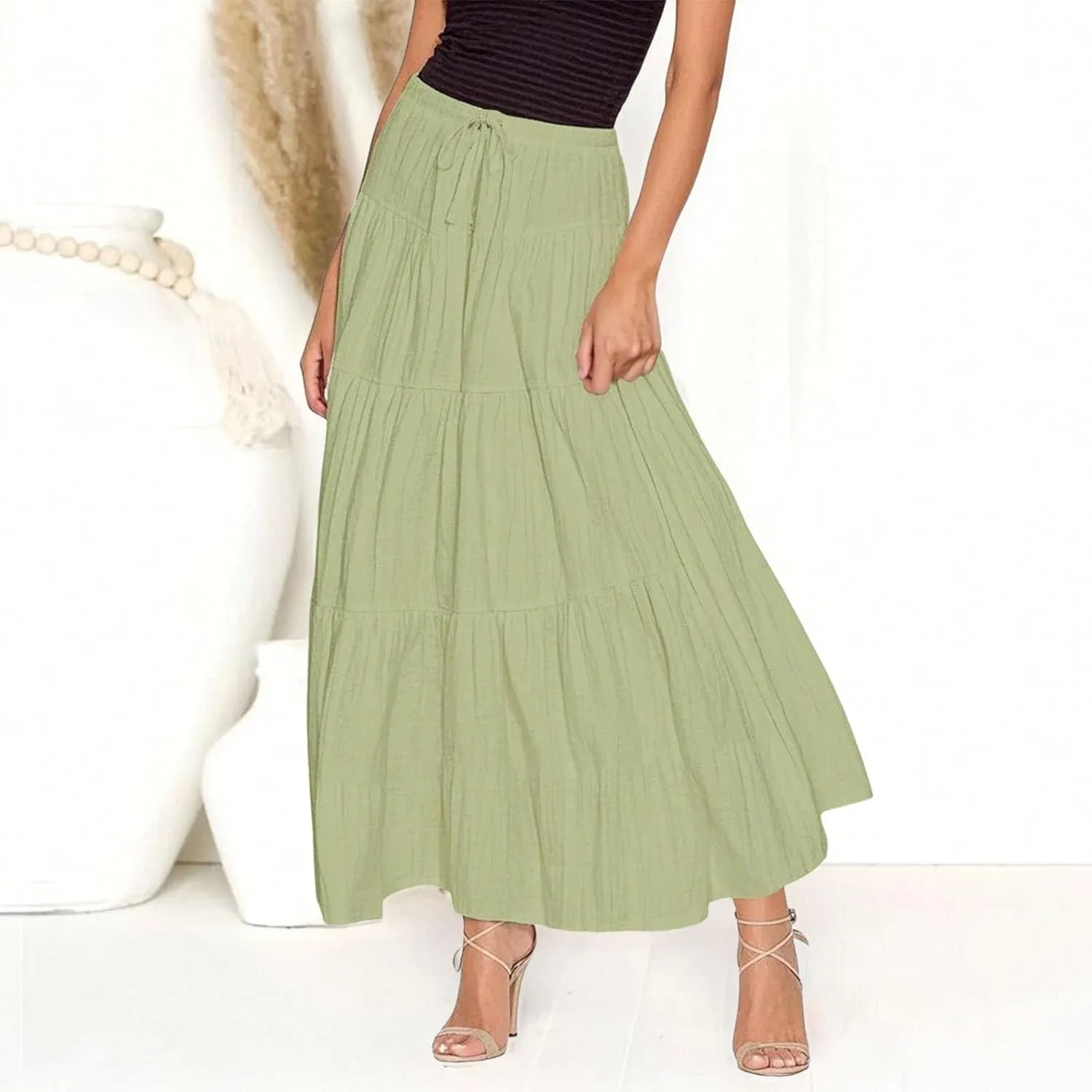 Ruffle Long Skirts Women Drawstring Pleated Flowy Peasant Maxi Skirt Summer Vacation Beach High Waisted Tiered Skirts