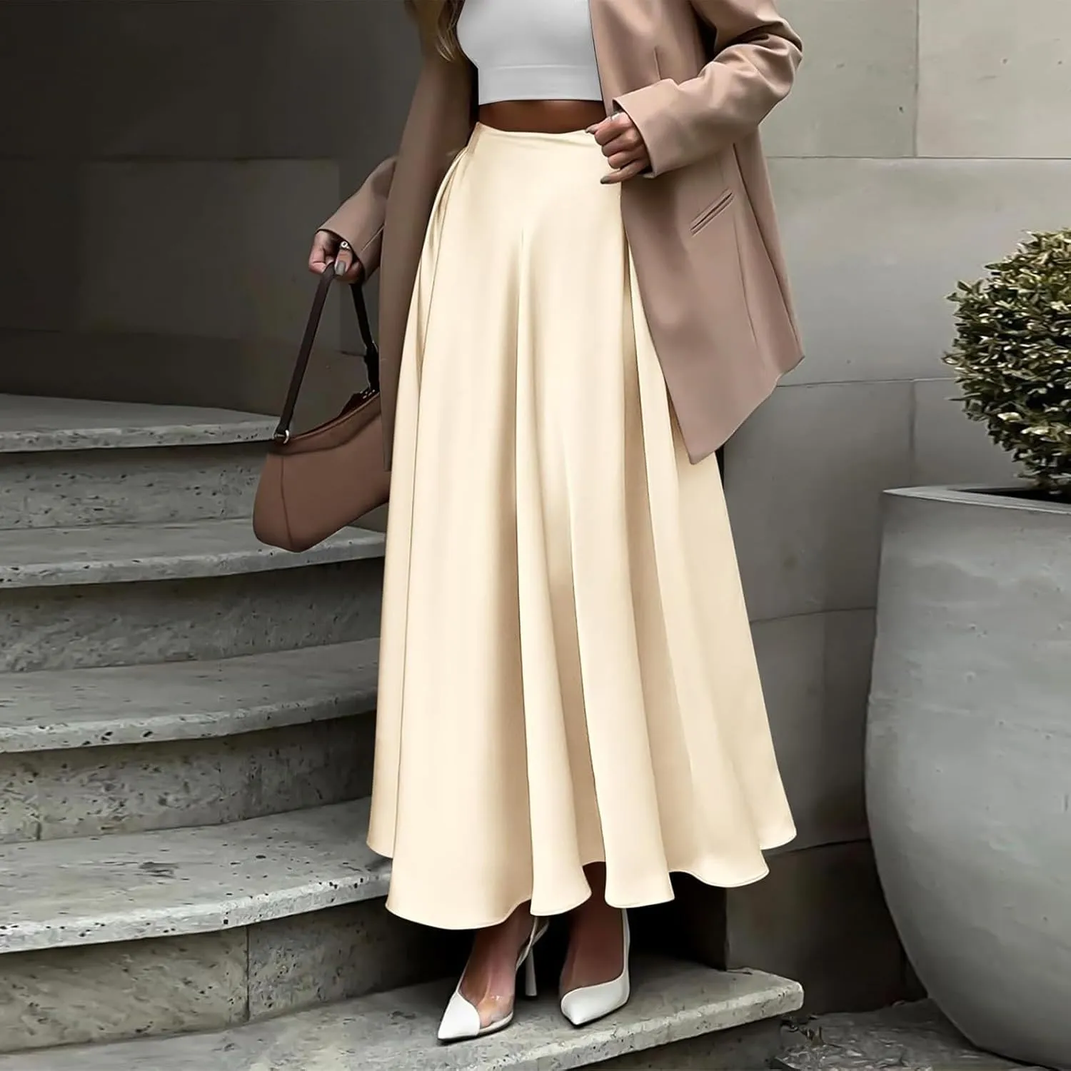 Satin Maxi Skirt Womens Long Skirts 2025 Summer Vacation Elastic High Waisted A Line Skirts Elegant Work Flowy Slip Skirt