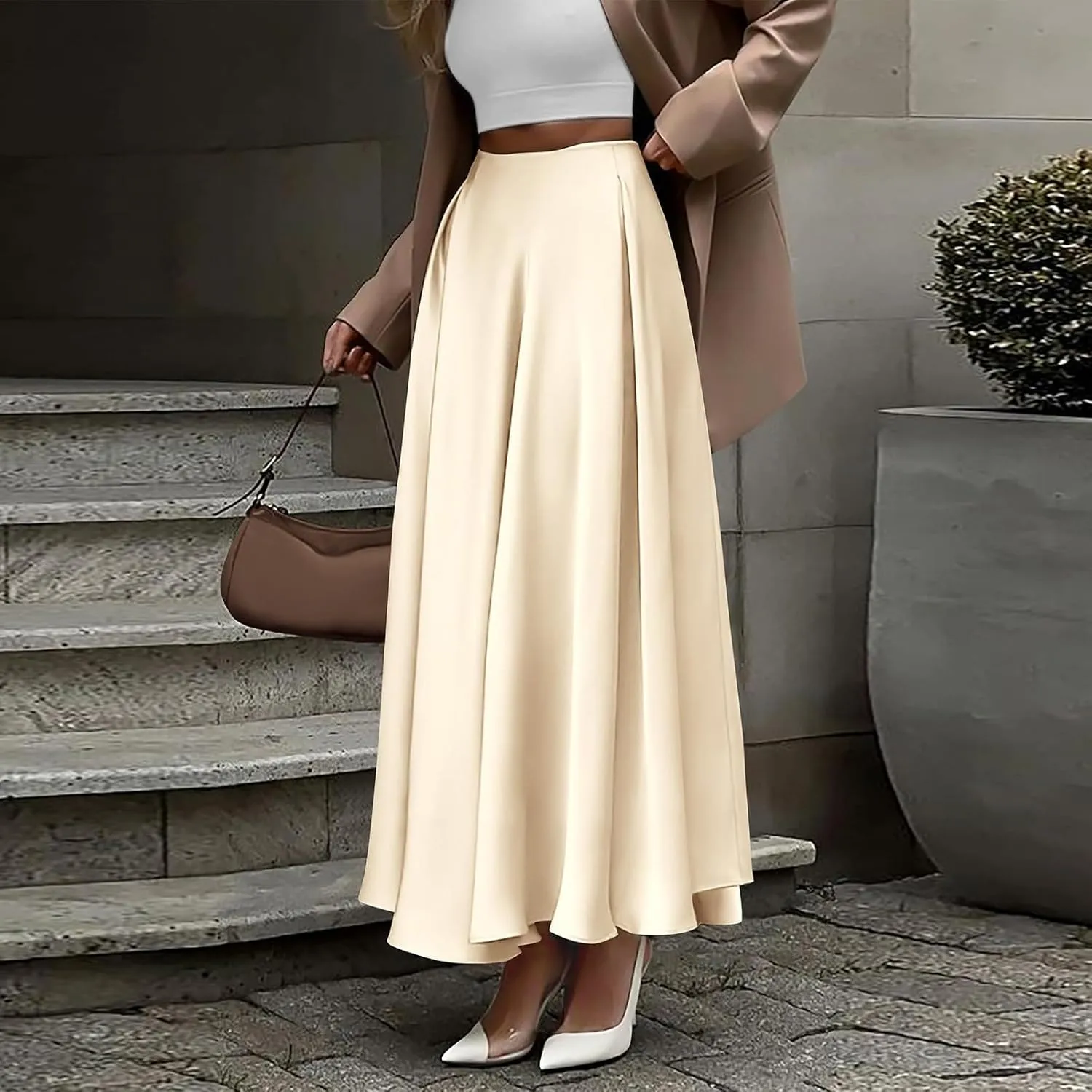 Satin Maxi Skirt Womens Long Skirts 2025 Summer Vacation Elastic High Waisted A Line Skirts Elegant Work Flowy Slip Skirt
