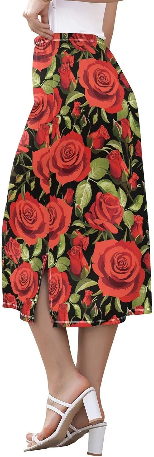 Seamless Floral Pattern Red Roses Women Midi Skirts Womens Double Split Skirt Elastic Summer Long Skirt