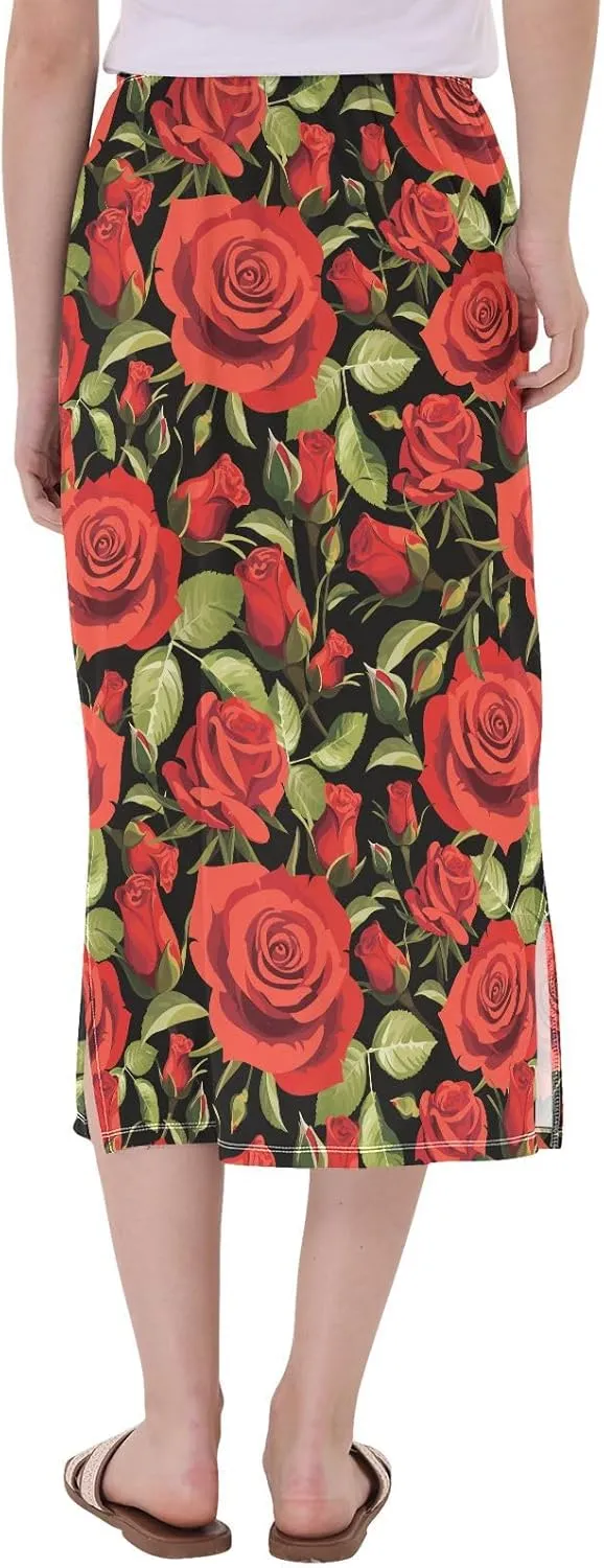 Seamless Floral Pattern Red Roses Women Midi Skirts Womens Double Split Skirt Elastic Summer Long Skirt