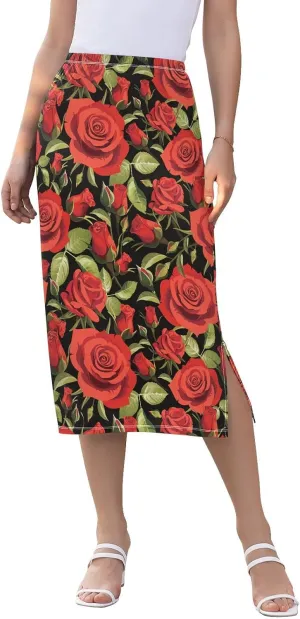 Seamless Floral Pattern Red Roses Women Midi Skirts Womens Double Split Skirt Elastic Summer Long Skirt