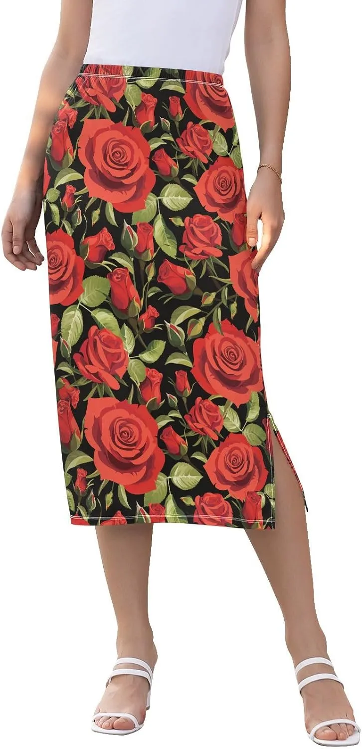 Seamless Floral Pattern Red Roses Women Midi Skirts Womens Double Split Skirt Elastic Summer Long Skirt
