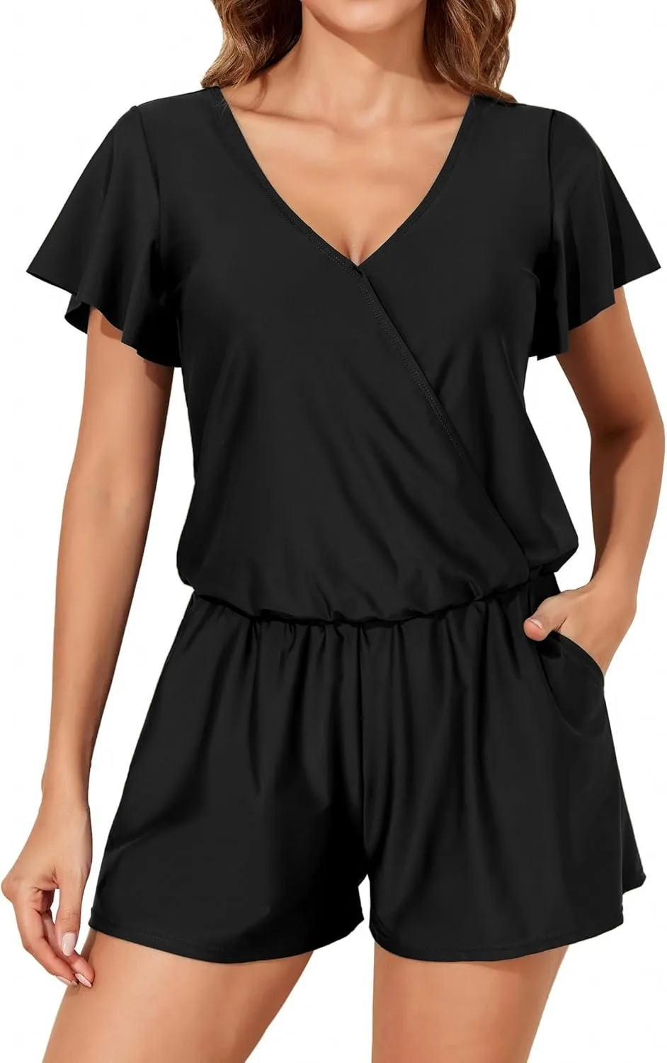 Smismivo Romper Swimsuits with Built in Bra and Pockets for Women Modest One Piece Swim Suit Shorts 2025 Boyleg Swimwear