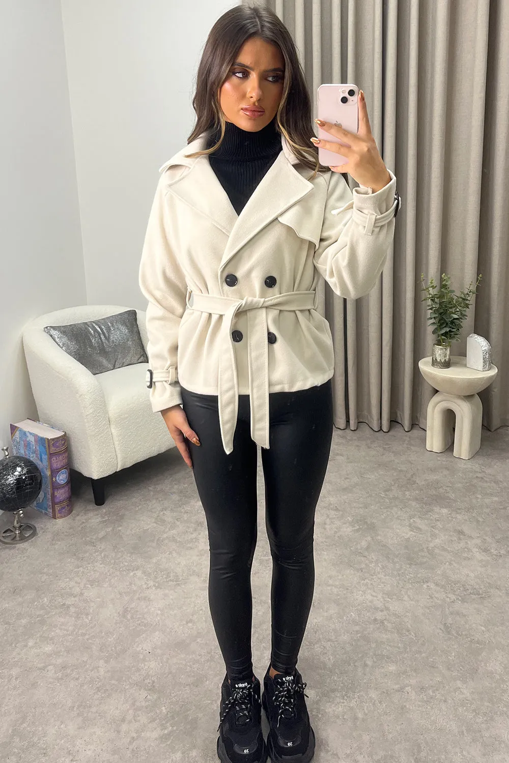 Sofie Beige Wool Look Button Up Belted Trench Coat
