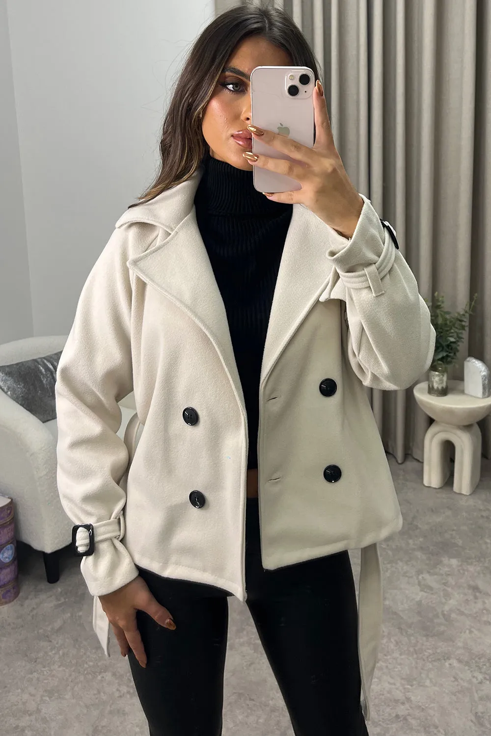 Sofie Beige Wool Look Button Up Belted Trench Coat