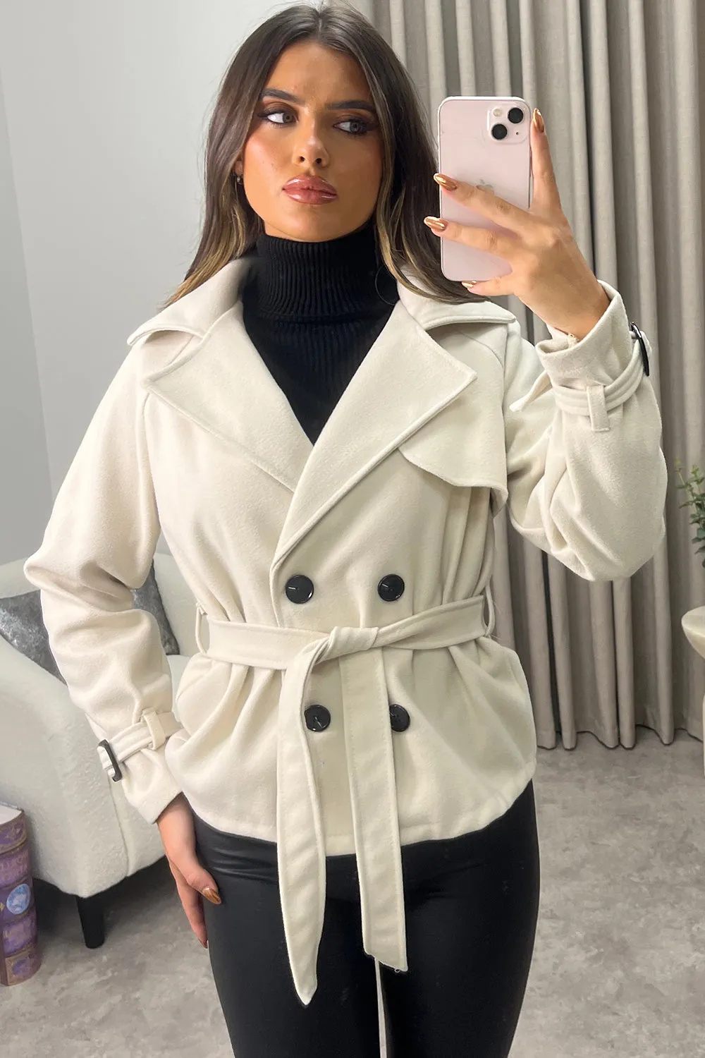 Sofie Beige Wool Look Button Up Belted Trench Coat