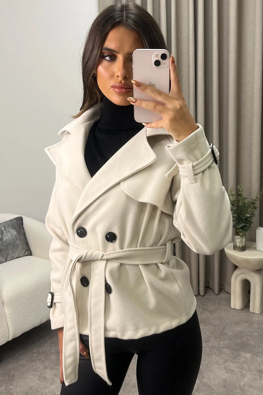 Sofie Beige Wool Look Button Up Belted Trench Coat