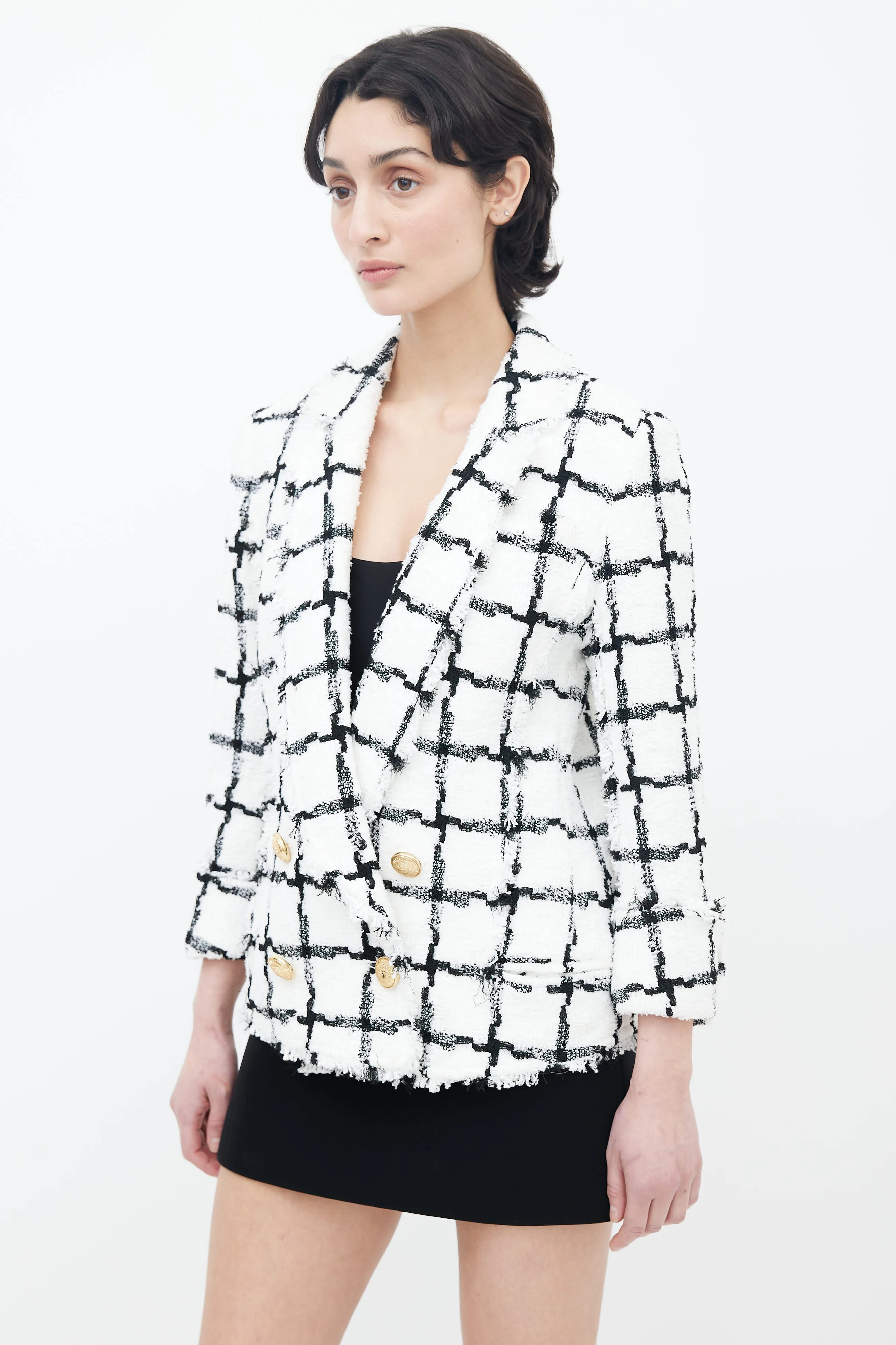 Spring 2018 White & Black Checker Tweed Blazer
