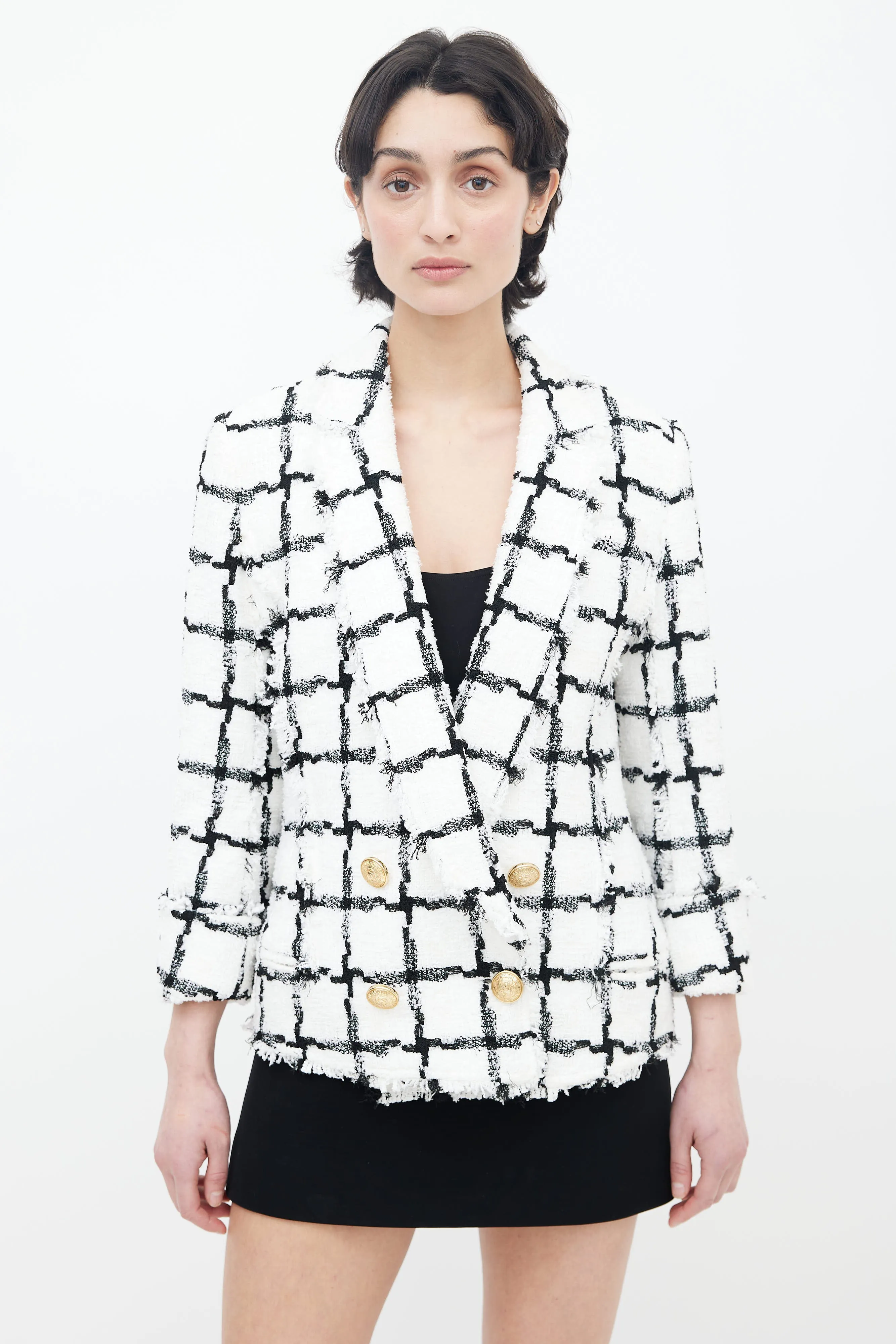 Spring 2018 White & Black Checker Tweed Blazer
