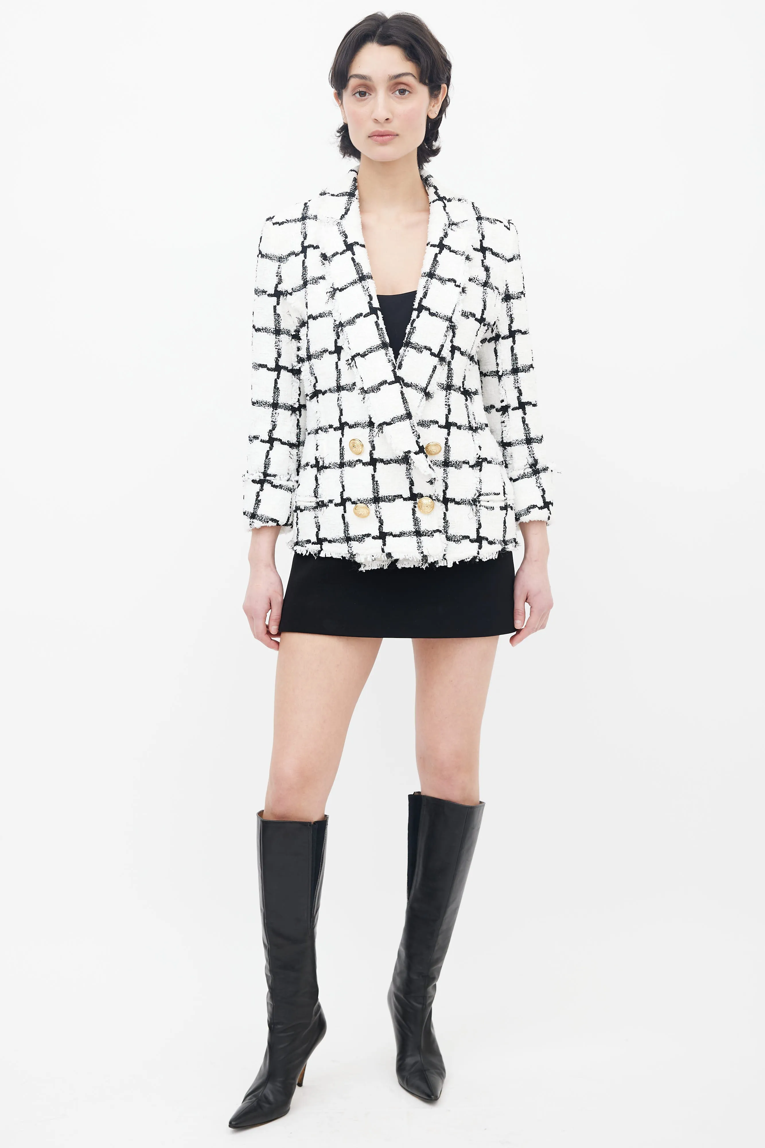 Spring 2018 White & Black Checker Tweed Blazer