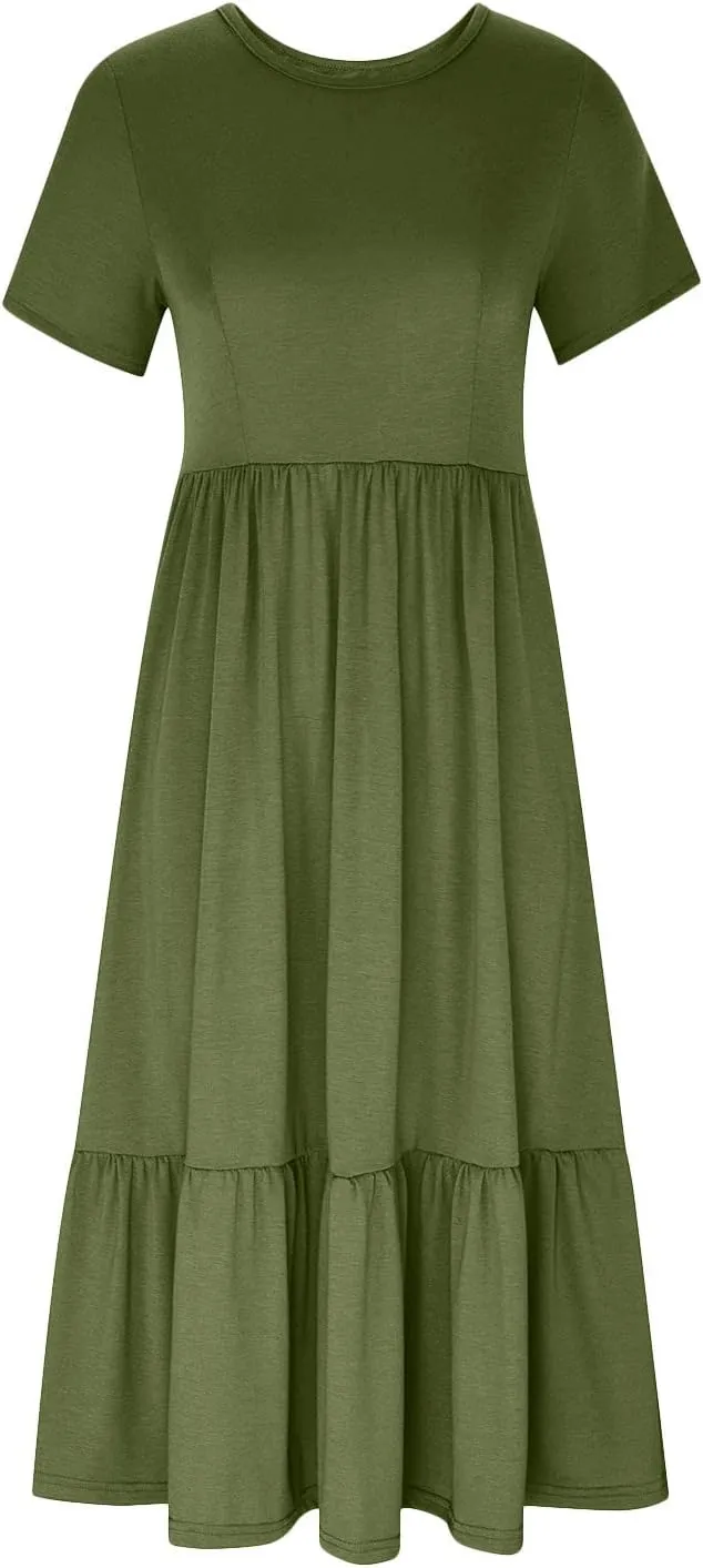 Summer Dresses for Women 2024 Maxi Casual Short Sleeve Crewneck Dress Flowy Swing Beach Sundresses with Pockets