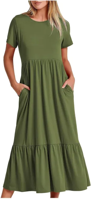 Summer Dresses for Women 2024 Maxi Casual Short Sleeve Crewneck Dress Flowy Swing Beach Sundresses with Pockets