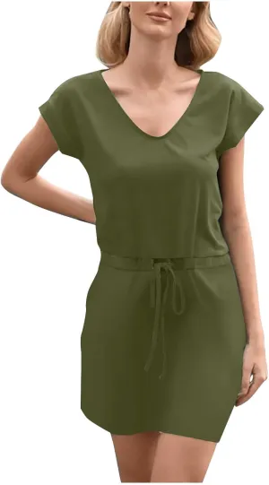 Summer Dresses for Women 2025 Casual V-Neck Short Sleeve Sundress Ladies Fashion Work Mini Dresses with Pockets