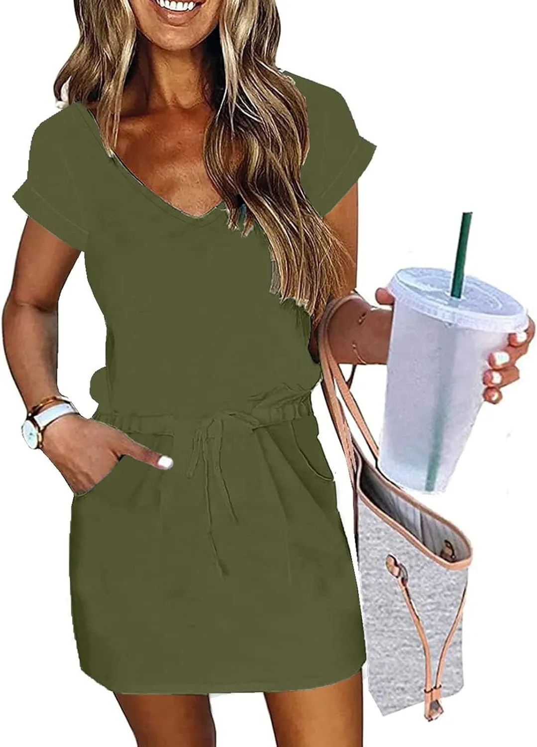 Summer Dresses for Women 2025 Casual V-Neck Short Sleeve Sundress Ladies Fashion Work Mini Dresses with Pockets