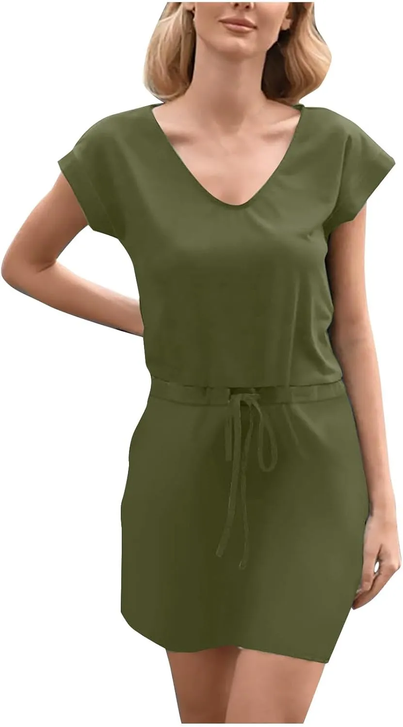 Summer Dresses for Women 2025 Casual V-Neck Short Sleeve Sundress Ladies Fashion Work Mini Dresses with Pockets